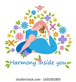 Girl doing yoga, sports, body positive. Harmony inside you. Vector illustration. White background.