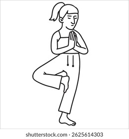 Girl doing yoga, standing on one leg and meditating.  Isolated vector black and white image in cartoon style.