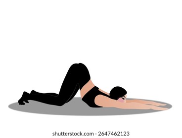 Girl doing yoga, stretching back muscles, cat pose, healthy lifestyle, sports exercises