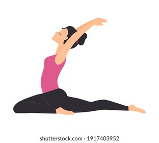 Girl Doing Yoga Stretching Exercise, Slim Sporty Young Woman Practicing Yoga, Fitness Workout Flat Style Vector Illustration