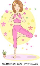 Girl doing yoga in a tree pose. Vector illustration.
