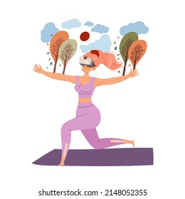 Girl doing yoga using virtual reality glasses. Woman using modern device cartoon vector illustration