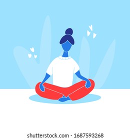 Girl doing yoga vector flat illustration. Woman in sport clothes on blue background hand drawn concept.