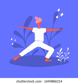 Girl doing yoga vector flat illustration. Woman in sport clothes on blue background hand drawn concept.
