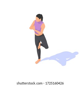 Girl doing yoga in vrikshasana pose on a white background. Vector isometric illustration.