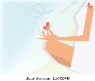 The girl is doing yoga. Wellness breathing practice with butterflies. Close-up silhouette of a beautiful woman. Vector illustration with place for text.Concept of yoga practice, stress protection.