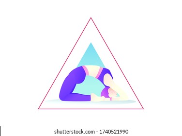 Girl doing yoga wheel poses in triangle form. Colorful bright gradient. Vector illustration. Editable shape