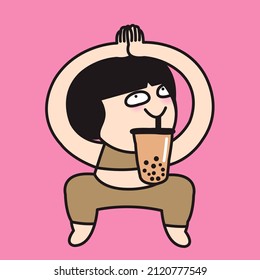 A Girl Doing Yoga While Drinking A Cup Of Bubble Milk Tea. The Perfect Balanced Diet Concept Card Character illustration