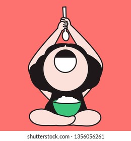 Girl Doing Yoga While Eating Or Having Meal Concept Card Character illustration
