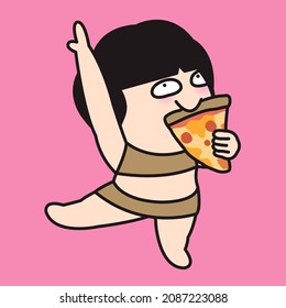 A Girl is Doing Yoga While Eating Pizza. The Perfect Balanced Diet Concept Card Character illustration