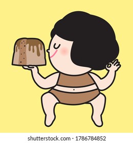 Girl Doing Yoga While Holding A Huge Piece Of Cake Concept Card Character illustration