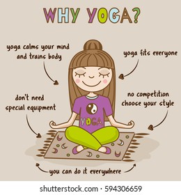 Girl doing yoga. Woman sitting in half lotus pose. Yoga benefits infographic. Hand drawn vector illustration. Meditation