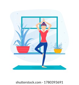 Girl Doing Yoga, Young Woman Standing in Tree Pose During Morning Physical Workout Flat Vector Illustration