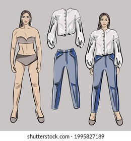 Girl, doll in beautiful business clothes. Blouse, shirt, jeans, trousers. Clothes can be removed and put on the doll. Basic wardrobe. Isolated vector objects.