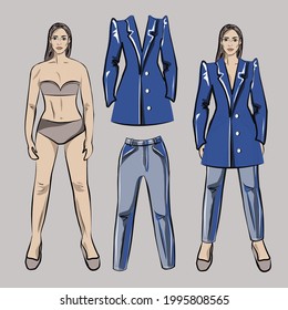 Girl, doll in a beautiful jacket and jeans. Clothes can be removed and put on the doll. Basic wardrobe. Isolated vector objects.