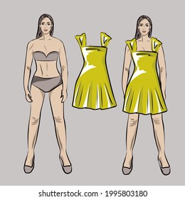 Girl, doll in a beautiful summer dress. Clothes can be removed and put on the doll. Basic wardrobe. Isolated vector objects.