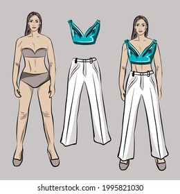 Girl, doll in a beautiful  top and white jeans, trousers. Clothes can be removed and put on the doll. Basic wardrobe. Isolated vector objects.