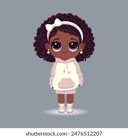 girl doll is dark-skinned, African, African-American. Pink white hoodie and skirt. Dark curly hair, big cute eyes, cartoon style. Toy character for children. Design for children