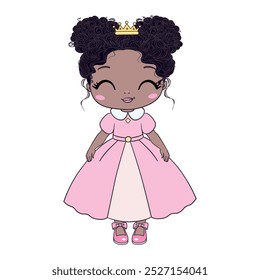 Muñeca chica es de piel oscura, africano, afroamericano. Cabello rizado oscuro, ojos grandes y lindos, estilo de dibujos animados. Personaje de juguete para niños. Diseño de camisetas para niños, recuerdos, tarjetas, postales.