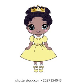 Girl doll is dark-skinned, African, African-American. Dark curly hair, big cute eyes, cartoon style. Toy character for children. Design of children's t-shirts, souvenirs, cards, postcards.