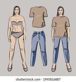 Girl doll in fashion basic t-shirt and jeans, trousers. Clothes can be removed and put on the doll. Basic wardrobe. Isolated vector objects.
