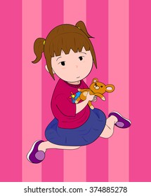 Girl With Doll, a hand drawn vector illustration of a girl holding her doll, isolated on pink stripes background (editable).