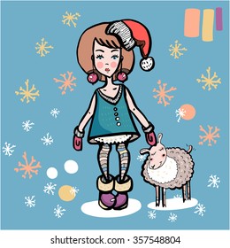 Girl doll with lamb. winter card