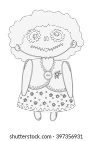 Girl doll with makeup in the style of the day of the dead, halloween cartoon black and white outline drawing, coloring.