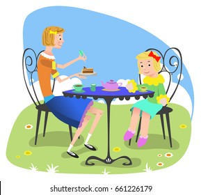 Girl With Doll Playing Tea Time At Garden Table (vector Illustration)