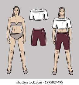 Girl doll in sportswear for trainings. Top, t-shirt and shorts, leggins. Clothes can be removed and put on the doll. Basic wardrobe. Isolated vector objects.