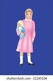 The girl with a doll. This image is a vector illustration and can be scaled to any size without loss of resolution.