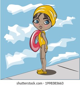 A girl, a doll in a yellow swimsuit and a swimming cap in the pool, at the sea. Inflatable swimming ring. Summer, vacation, emerald water. Isolated vector objects.