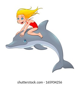 Girl and the dolphin. Cartoon vector illustration, isolated objects