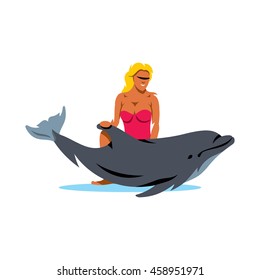 Girl with Dolphin. Vector Cartoon Illustration. Dolphinarium. Coach and marine animals. Unusual Logo template isolated on a white background