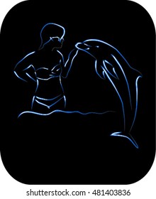 Girl and dolphin, vector illustration, logo, black background