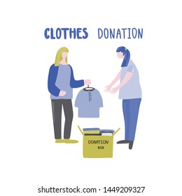 Girl donates clothes to another girl. Vector illustration for card, webdesign.