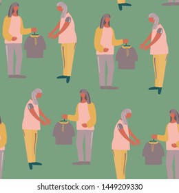 Girl donates  clothes to another girl. Vector seamless pattern for card, webdesign, textile,background.