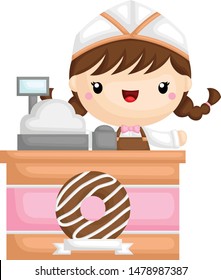Girl Donut Seller Behind Cashier Machine