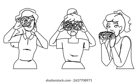 girl donut woman vector. dessert person, diet eat, funny doughnut girl donut woman character. people black line pencil drawing illustration