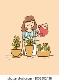 girl doodle hobby. vector illustration happy home plant cultivation, growing