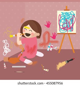 Girl Doodling On Wall, Messy House