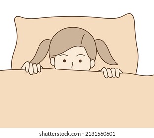 Girl with double ponytail lying in bed, pulled the blanket covering her mouth and nose. Sleepy child trying to fall asleep. insomnia, Sleep disorder concept. Hand drawn cartoon vector illustration.