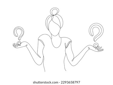 The girl is in doubt. The girl doubts what choice to make. Weigh the pros and cons. One line drawing for different uses. Vector illustration.