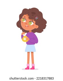 Girl in doubt holding purse with cash money, thinking about future shopping and finances vector illustration. Cartoon isolated cute confused child with financial problem of savings in need advices