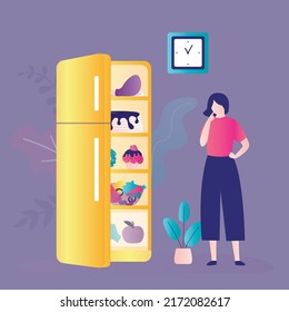 Girl doubts to eat at night or not worth it. Refrigerator full of different food. Hungry girl doesn't want to break diet by biting at night. Unhealthy habit of eating at midnight. Vector illustration