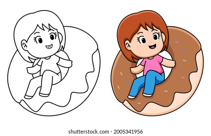 girl with doughnut coloring page for kids