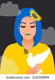 A girl with a dove in her hands on a black background with white clouds prays for peace in Ukraine. There is a sunflower in her blue short hair. Vector.