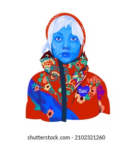 A girl in a down jacket, with a hello winter badge.Vector icon on white background.Winter girl