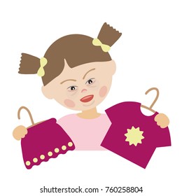 Girl with Down syndrome dressing herself, holding a hanger with a blouse and skirt. Basic hygiene practices of the child with Down Syndrome. Vector. Isolated.