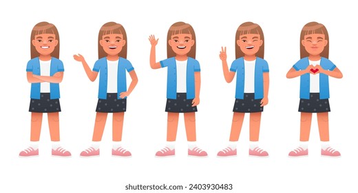 Girl with Down syndrome stands with her arms crossed, points at something, waves her hand, shows a gesture of peace, folded her palms in the shape of a heart. Set of different poses and emotions